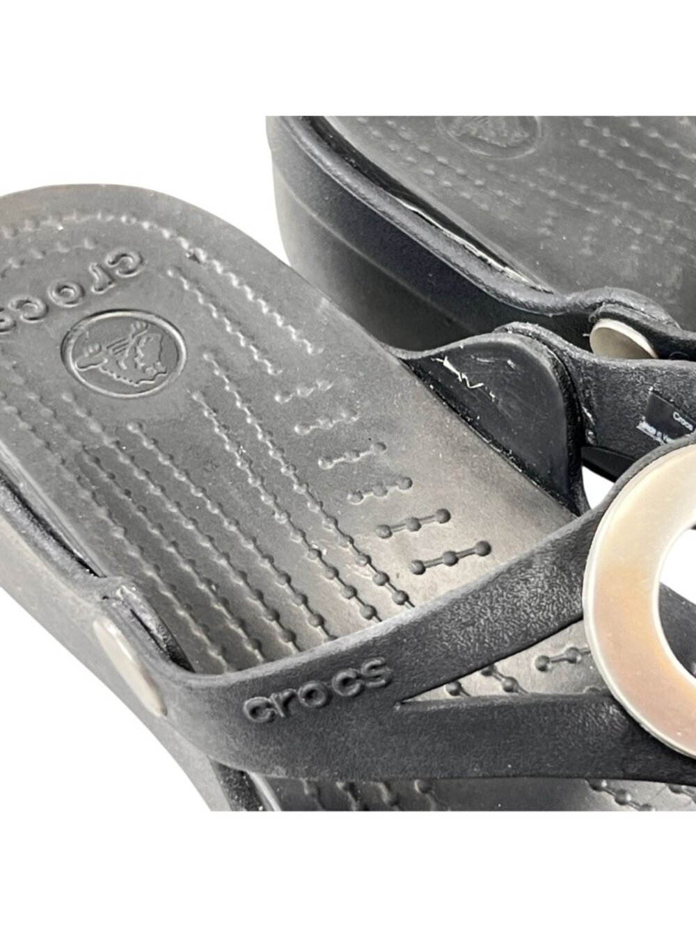 Crocs Sanrah Wedge Sandals Black Flip Flop Thong W7 Silver Circle Womens 14153 - Picture 11 of 14